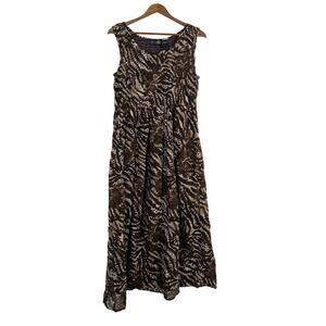 Vtg 1990s Jane Ashley Dress Animal Print Neutral Smocked Boho Hippie Midi Small